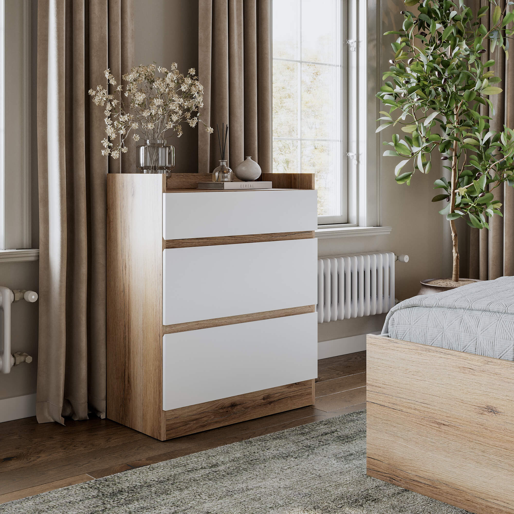 МС "Брауни" Комод 3 ящика Дуб Делано/Белый