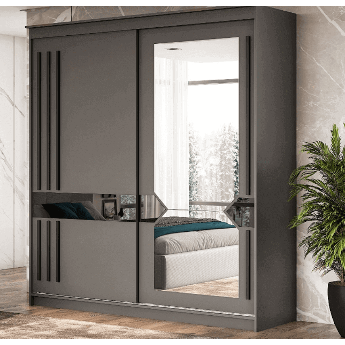 Шкаф-купе №25 (2,0 м) Блэк ЛАЙТ Графит серый/Лакобель/Черный матовый