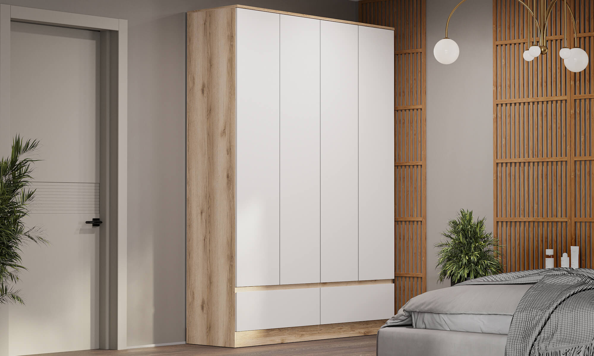 МС "Брауни" Шкаф четырехстворчатый (с ящиками) Дуб Делано/Белый