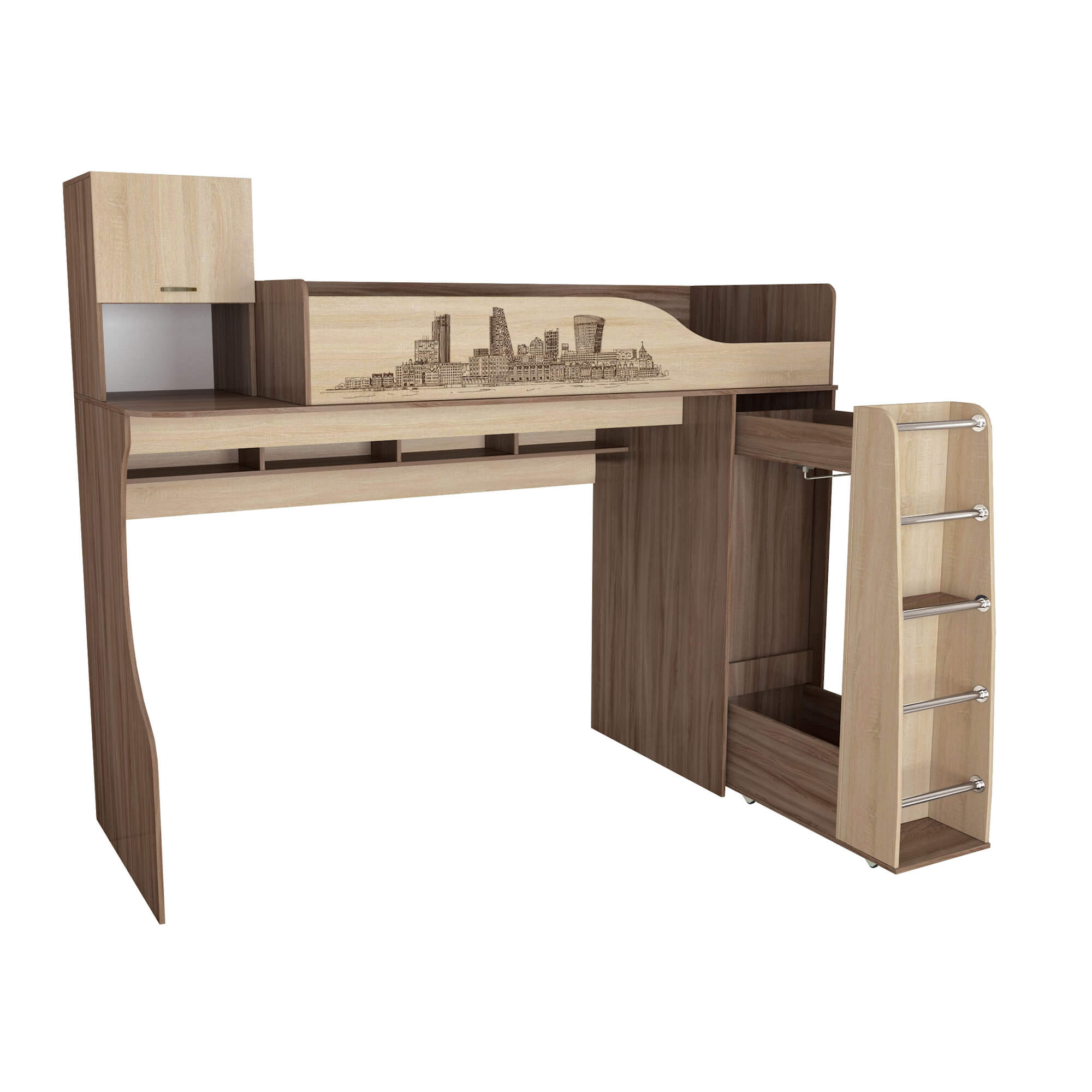 Спальня Орион. Кровать-чердак ясень шимо/дуб сонома